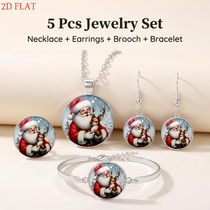 5pc Christmas Santa and Reindeer Lady Jewelry Set